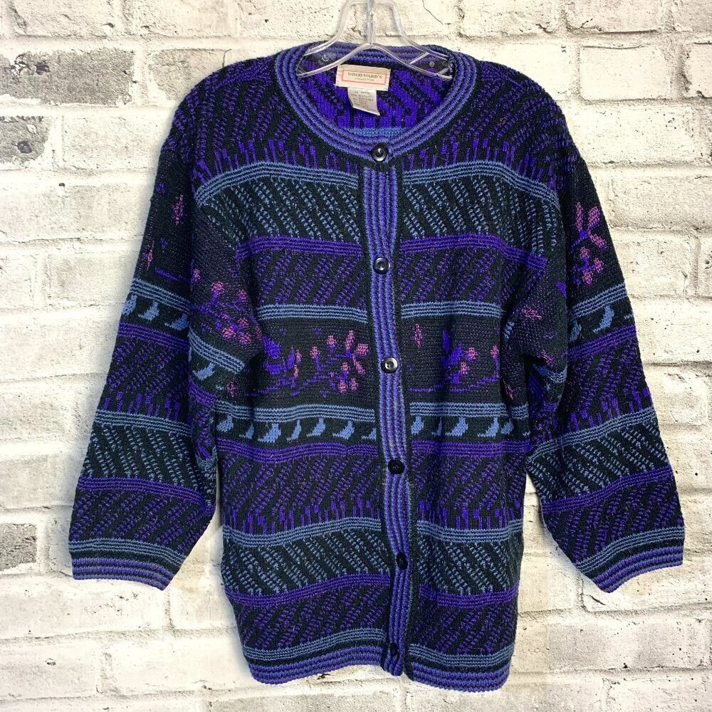 Vintage Woodward's Black Purple Stripe Floral Knit Button Up Cardigan Sweater